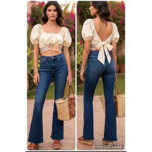 Boho Granny Square Crochet Crop Top SZ Small Milkmaid Puff Sleeve Tie Back 70s